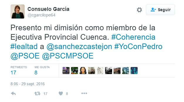 Consuelo García, ex concejal y miembro de la Ejecutiva del PSOE de Cuenca, dimite por lealtad a Sánchez