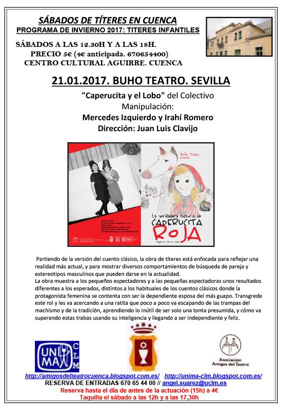 Este sábado “Caperucita y el Lobo” será la primera de las seis actuaciones de Títeres que acoge el Centro Cultural Aguirre