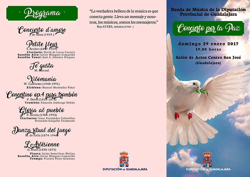 La Banda de Música de la Diputación de Guadalajara ofrecerá el próximo domingo un «Concierto por la paz”
