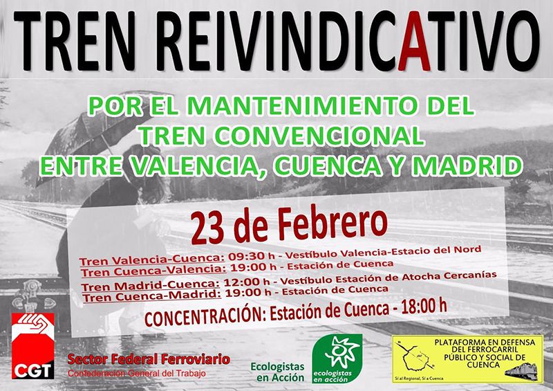 Cuenca volverá a pedir, el 23 de febrero, el mantenimiento del tren convencional Valencia-Cuenca-Madrid