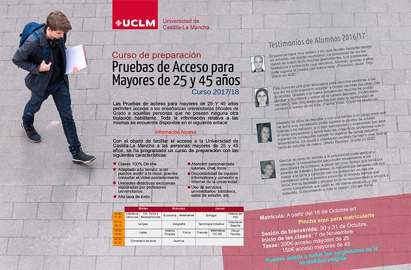 La UCLM abrirá el lunes la matrícula del curso de preparación para el acceso de mayores de 25 y 45 años