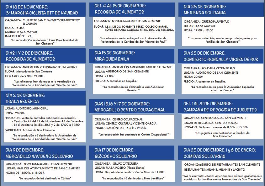 ‘Diciembre Solidario’ 2017 de San Clemente organizará recogidas de juguetes, de alimentos, mercadillos y galas benéficas