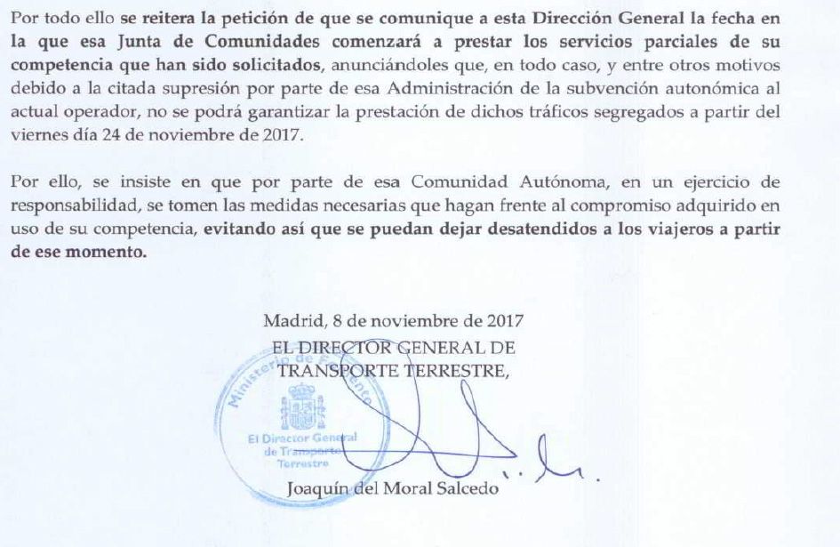 Fomento da un ultimátum al Gobierno de Page y pone fecha para que los autobuses de Monbús dejen de trabajar en Cuenca