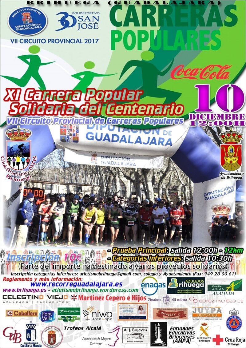 El domingo 10 se celebra en Brihuega la XI Carrera Popular Solidaria del Centenario, última prueba del VIII Circuito Diputación de Guadalajara