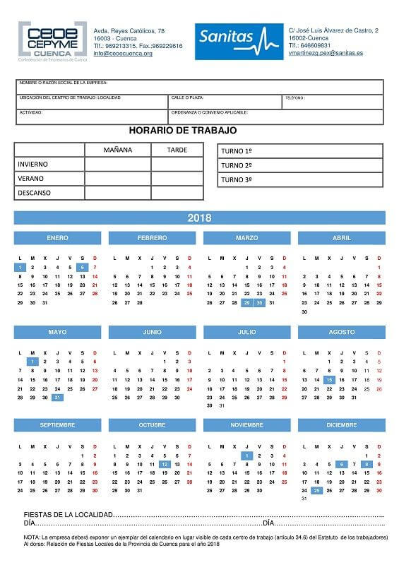 El calendario laboral para 2018 recoge 14 días festivos para la provincia de Cuenca 1 El calendario laboral para 2018 recoge 14 días festivos para la provincia de Cuenca