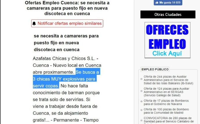 Indignación en Cuenca por una oferta de trabajo en la que se buscan "chicas muy explosivas"