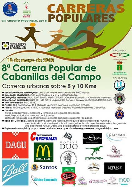 El domingo 13 se celebrará la 8ª Carrera Popular de Cabanillas, tercera prueba del Circuito Diputación de Guadalajara