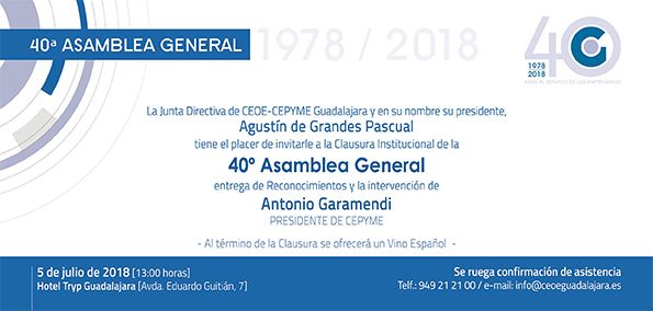 CEOE-Cepyme Guadalajara celebrará su 40 Asamblea General con la presencia de Antonio Garamendi
