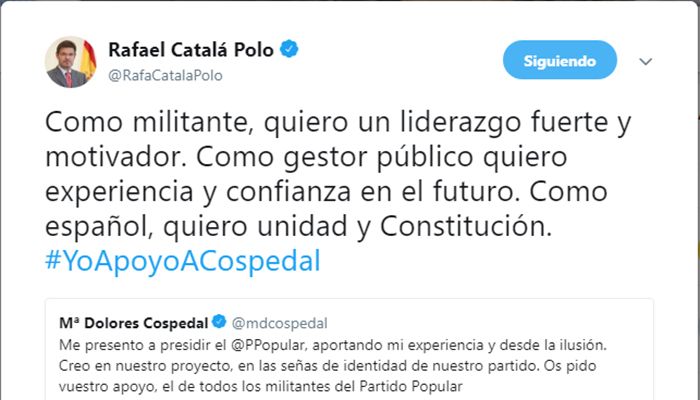 Precioso (e importante) apoyo de Rafael Catalá a la candidatura de Cospedal
