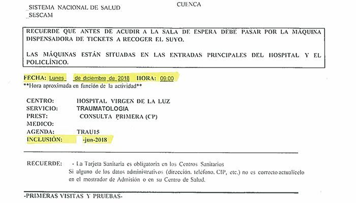 Varios pacientes conquenses tienen que esperar 6 meses para ser atendidos en primera consulta en Traumatología en el Hospital Virgen de la Luz