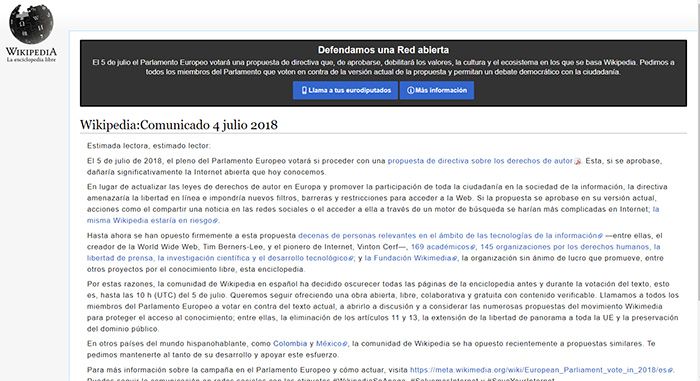 Wikipedia se apaga en protesta contra la reforma del copyright que se vota en el Parlamento Europeo este jueves