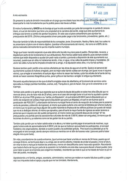 El alcalde de Las Majadas presenta su dimisión irrevocable acusando a un concejal de su partido, el PSOE, de chantaje