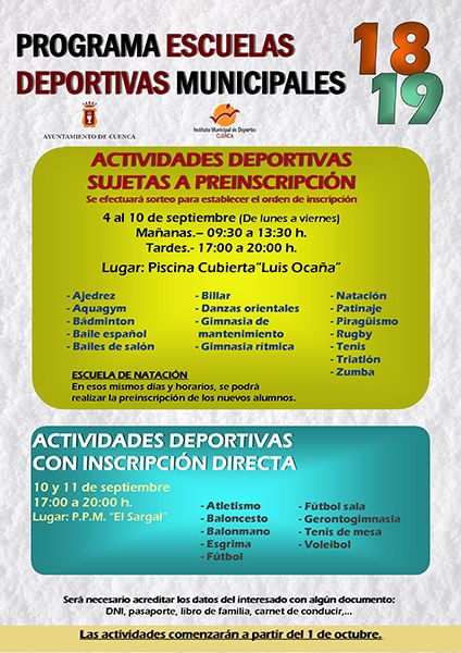 El plazo de preinscripciones para las actividades deportivas en Cuenca estará abierto desde el 4 hasta el 10 de septiembre