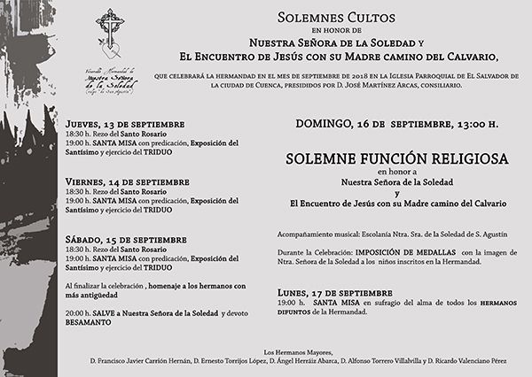 Este jueves dan comienzo los solemnes Cultos de la V. H. de Ntra. Sra. de la Soledad (vulgo de San Agustín)
