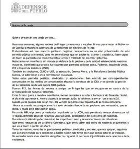Vecinos de Priego acuden al defensor de pueblo por la privatización de la residencia de mayores
