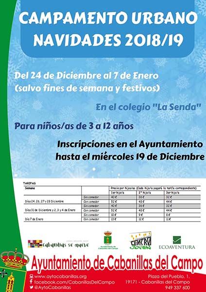 El Ayuntamiento de Cabanillas organiza nueva edición de su Campamento Urbano de Navidad, para escolares de Infantil y Primaria
