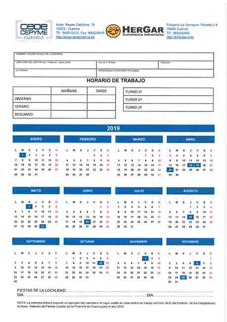 CEOE-Cepyme Cuenca envía a sus empresas el calendario laboral de 2019 en la provincia