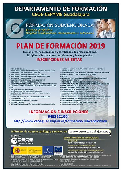 Un total de 41 nuevos cursos conforman la programación gratuita de CEOE-Cepyme Guadalajara para 2019