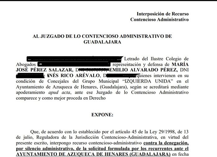 El grupo municipal de IU Azuqueca de Henares recurre a los tribunales para obtener la información que el PSOE no les da