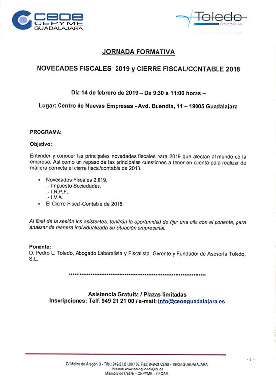 CEOE-Cepyme Guadalajara desarrollará una jornada sobre las novedades fiscales para 2019 y el cierre fiscalcontable 2018
