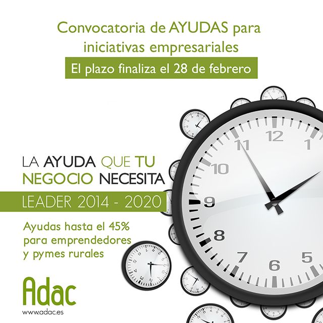 El 28 de febrero finaliza el plazo para solicitar las ayudas LEADER para emprendedores y pymes rurales de ADAC 3 El 28 de febrero finaliza el plazo para solicitar las ayudas LEADER para emprendedores y pymes rurales de ADAC