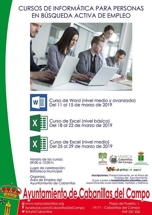 El Servicio Municipal de Empleo del Ayuntamiento de Cabanillas organiza cursos de Word y Excel para personas que buscan empleo