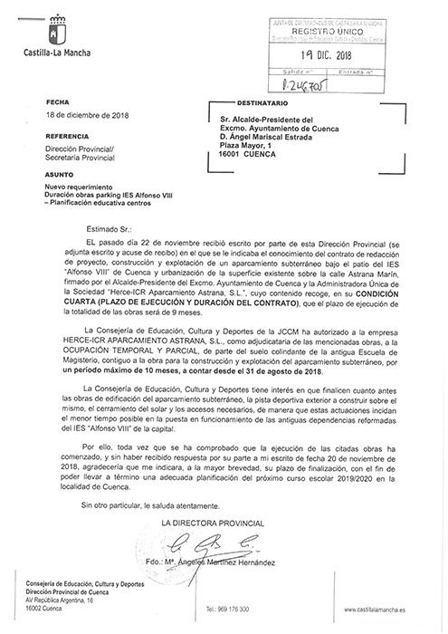 Godoy: “La Junta no ha recibido ninguna comunicación del Ayuntamiento diciendo que se puede abrir el IES “Alfonso VIII” porque las obras del aparcamiento van a terminar en plazo”