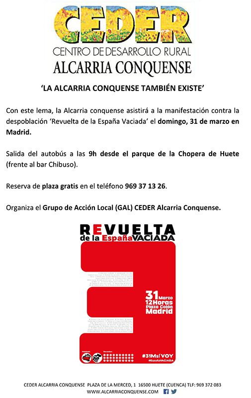 CEDER Alcarria Conquense fletará un autobús el domingo para asistir a la manifestación contra la despoblación “Revuelta de la España Vaciada”