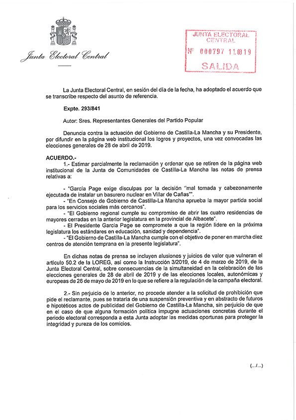 La Junta Electoral Central condena las trampas de Page por saltarse la Ley utilizando el dinero de todos los castellano-manchegos