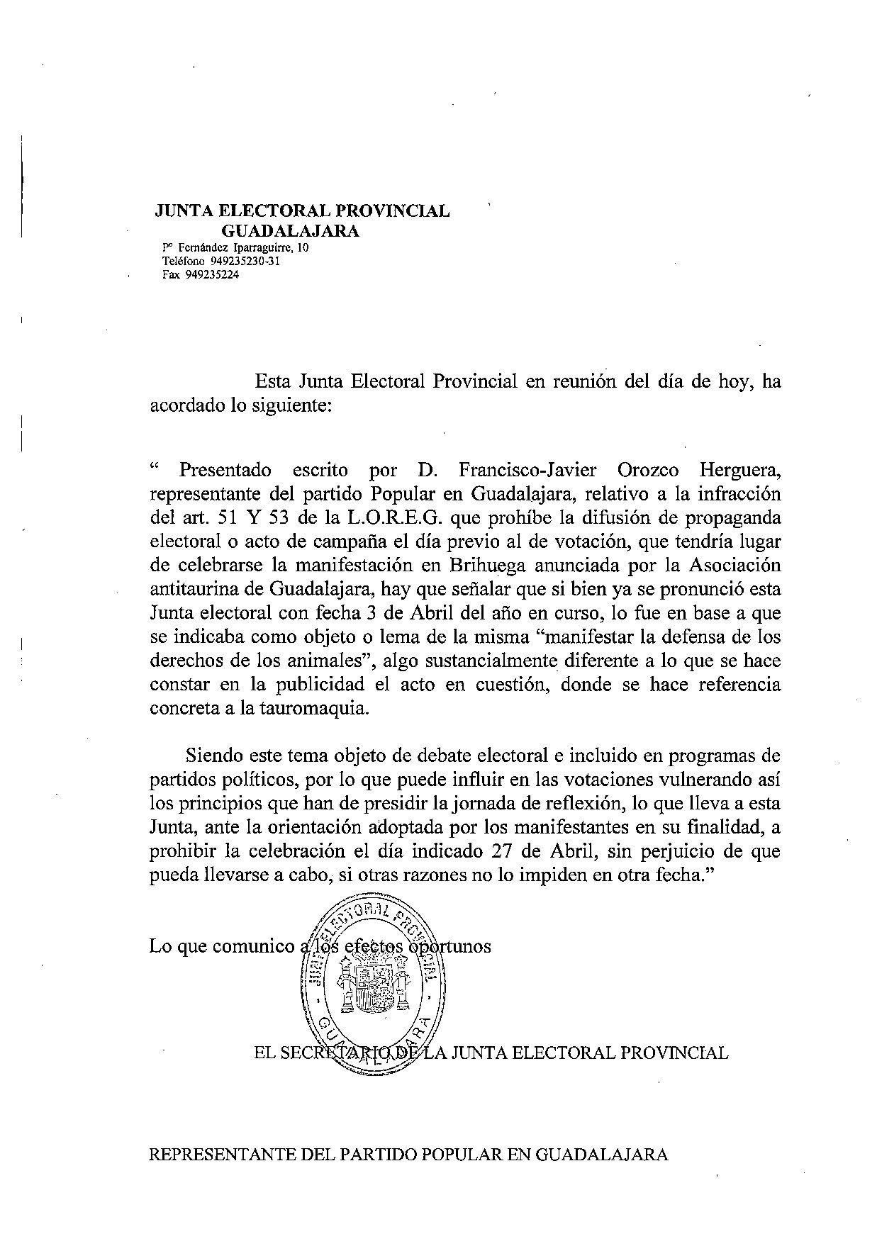La Junta Electoral de Guadalajara prohíbe la manifestación antitaurina en Brihuega por una denuncia del Partido Popular