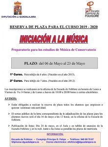 Hasta el próximo 23 está abierto el plazo de reserva de plaza para "Iniciación a la Música" de la Escuela de Folklore de la Diputación de Guadalajara (Conservatorio)