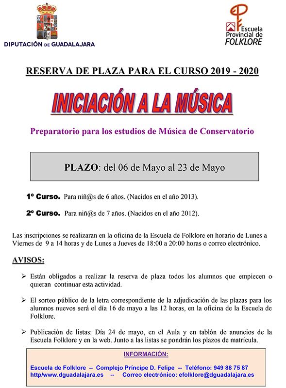 Hasta el próximo 23 está abierto el plazo de reserva de plaza para "Iniciación a la Música" de la Escuela de Folklore de la Diputación de Guadalajara (Conservatorio)