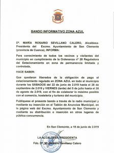 El Ayuntamiento de San Clemente libera de pagar la zona azul todos los sábados del verano