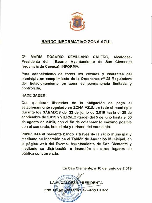 El Ayuntamiento de San Clemente libera de pagar la zona azul todos los sábados del verano