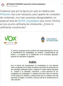 El Grupo Municipal de Vox en el Ayuntamiento de Guadalajara anuncia acciones legales contra el Grupo Unidas Podemos  por “revelación de documento público”