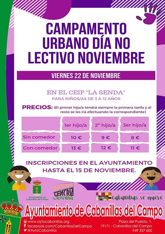 El Ayuntamiento de Cabanillas lanza un campamento urbano para la jornada no lectiva del 22 de noviembre