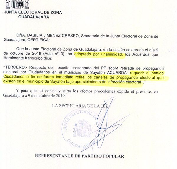 La Junta Electoral requiere a Ciudadanos la “retirada inmediata” de carteles de propaganda electoral en Sayatón bajo apercibimiento de infracción electoral