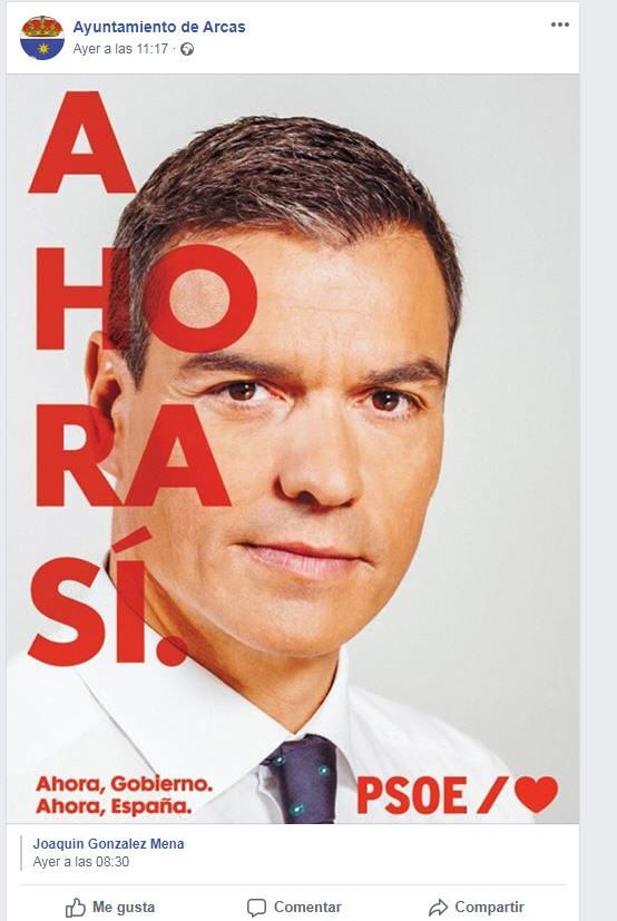 El PP denuncia al Ayuntamiento de Arcas por pedir el apoyo a Sánchez desde su perfil oficial de Facebook 3 El PP denuncia al Ayuntamiento de Arcas por pedir el apoyo a Sánchez desde su perfil oficial de Facebook