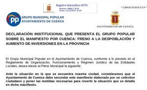 El Grupo Popular en el Ayuntamiento de Cuenca registra una Declaración Institucional para el pleno ordinario del 20 de diciembre sobre el Manifiesto por Cuenca