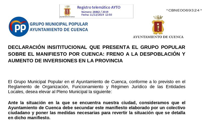 El Grupo Popular en el Ayuntamiento de Cuenca registra una Declaración Institucional para el pleno ordinario del 20 de diciembre sobre el Manifiesto por Cuenca