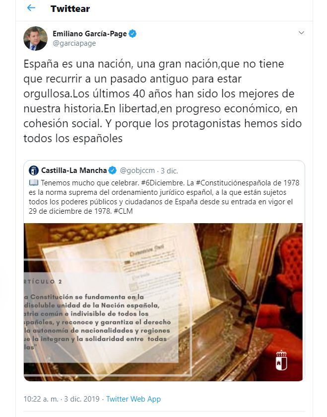 La repercusión de los tuits de García-Page sobre la Constitución supera los 170.000 usuarios