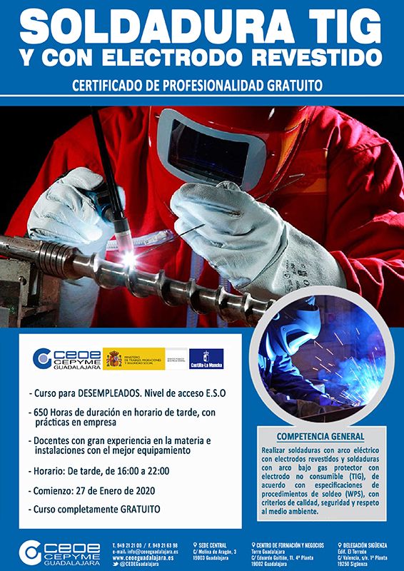 Últimas plazas para los cursos de Soldadura TIG y sistemas de gestión de información de CEOE-Cepyme Guadalajara