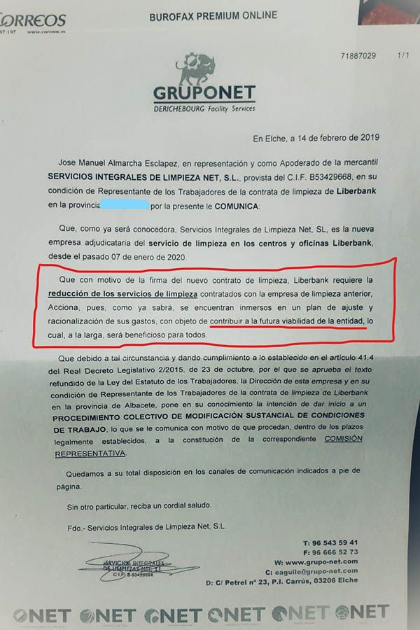 CCOO desvela que la “viabilidad de Liberbank” depende según, el banco, del recorte aplicado a las jornadas laborales de las limpiadoras de sus oficinas nóminas de 24 euros al mes