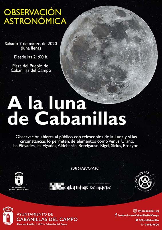 El Ayuntamiento de Cabanillas organiza una observación astronómica de la Luna para la noche del sábado 7 de marzo