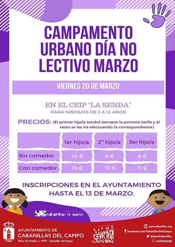 El Ayuntamiento de Cabanillas saca Campamento Urbano para la jornada del viernes 20 de marzo, día no lectivo