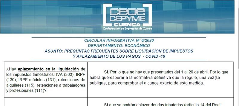 CEOE-Cepyme Cuenca informa a sus empresas sobre la liquidación de impuestos y el aplazamiento de pagos