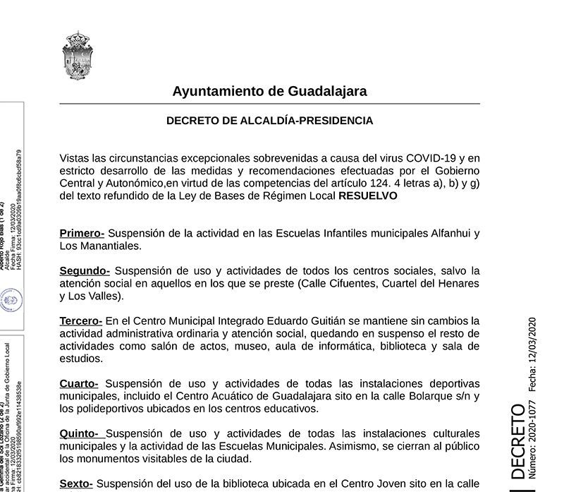 El Ayuntamiento de Guadalajara incrementa las medidas preventivas por el avance del coronavirus, siguiendo las directrices de la autoridad sanitaria