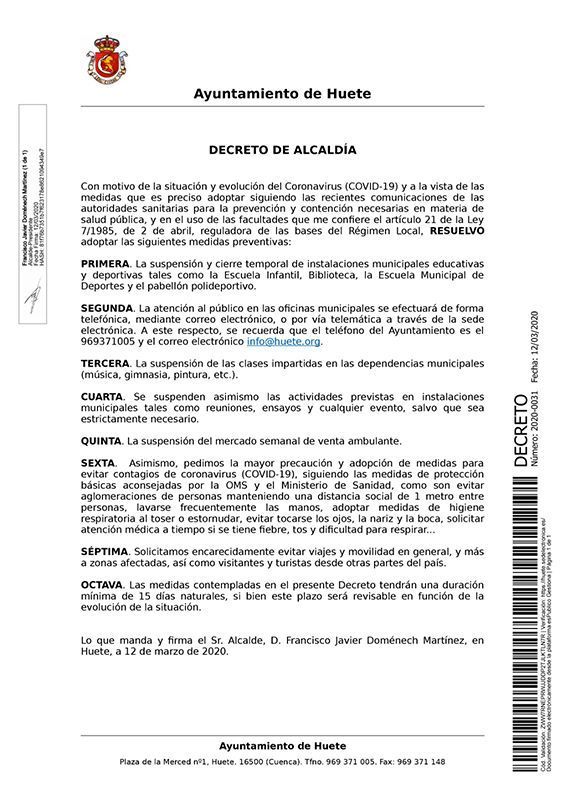 El Ayuntamiento de Huete suspende temporalmente las actividades que se realizan en instalaciones municipales