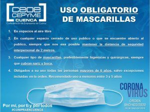 Ceoe Cepyme Cuenca señala a sus empresas la obligatoriedad de mascarilla en determinadas condiciones