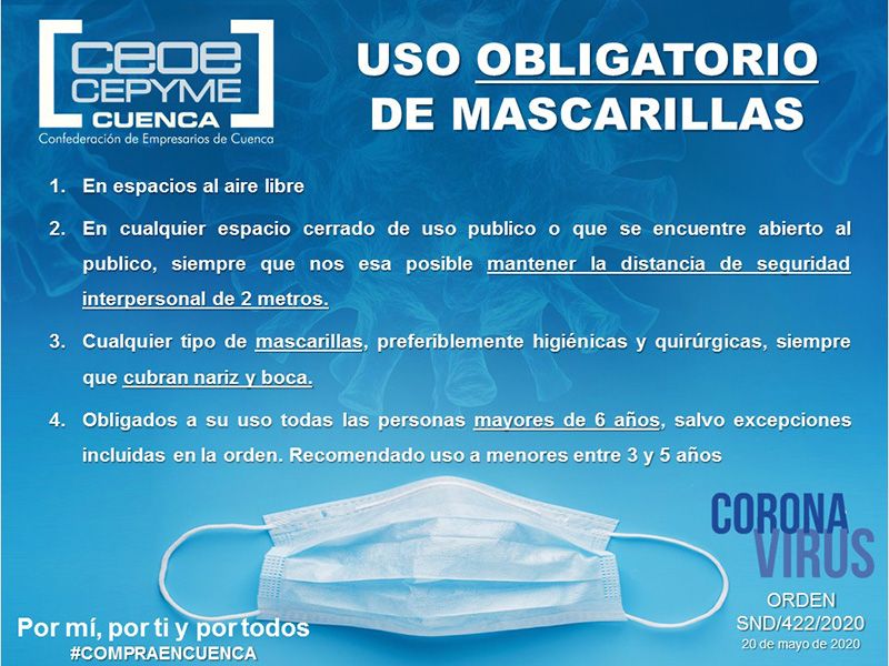 Ceoe Cepyme Cuenca señala a sus empresas la obligatoriedad de mascarilla en determinadas condiciones 3 Ceoe Cepyme Cuenca señala a sus empresas la obligatoriedad de mascarilla en determinadas condiciones